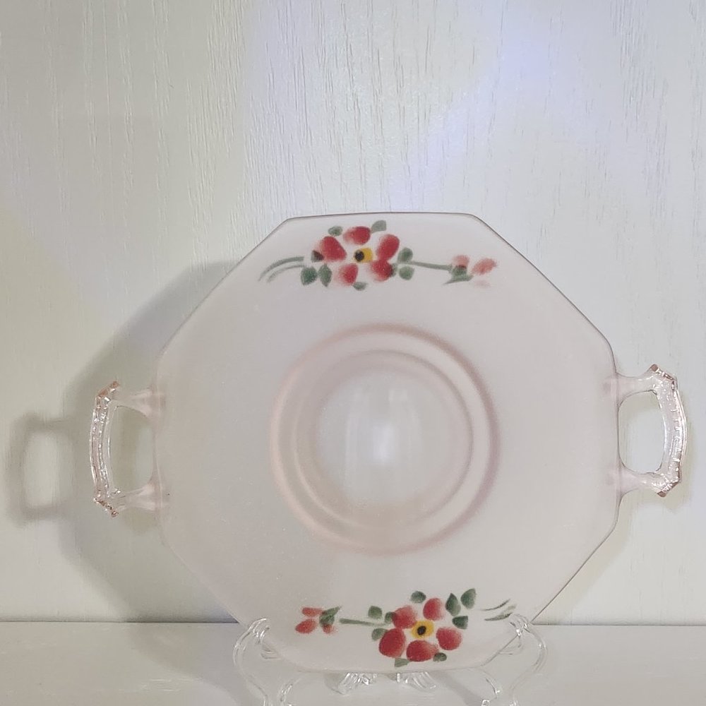 Depression Era Lancaster Handmade Satin Pink 2 Handled Hand Painted Serving Tray